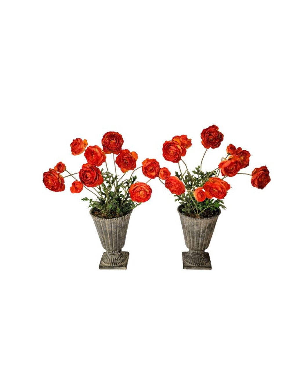 Pair Of Artificial Ranunculus Flowers In Aged Metal Look Ceramic Urn Planters Vi